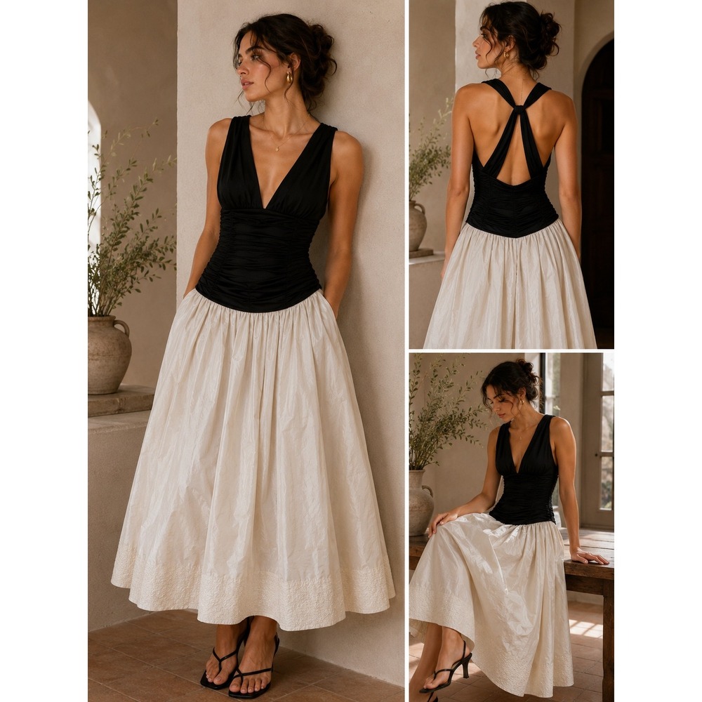 BCBGMaxAzria Black Bodice Cream Midi Skirt Dress